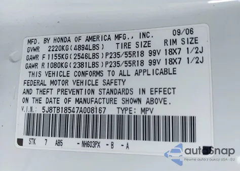 2007 Acura Rdx z USA, uszkodzony, nr VIN 5J8TB18547A008167
